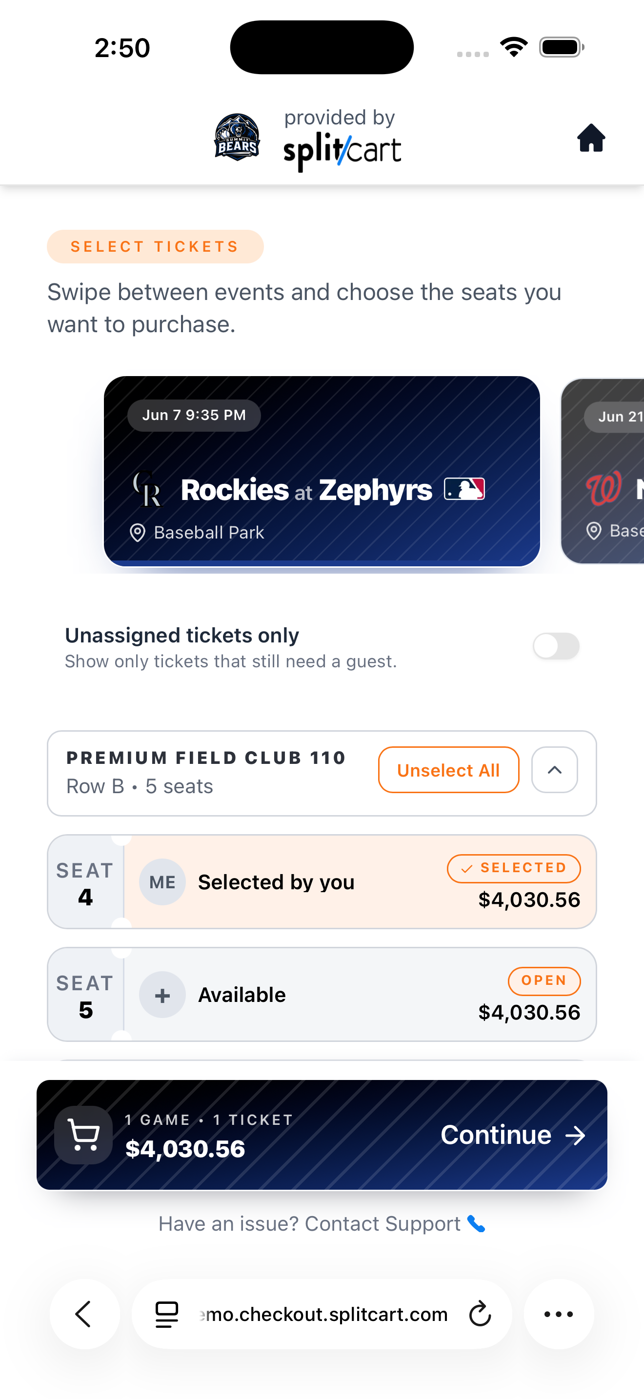 Fan checkout screen on phone