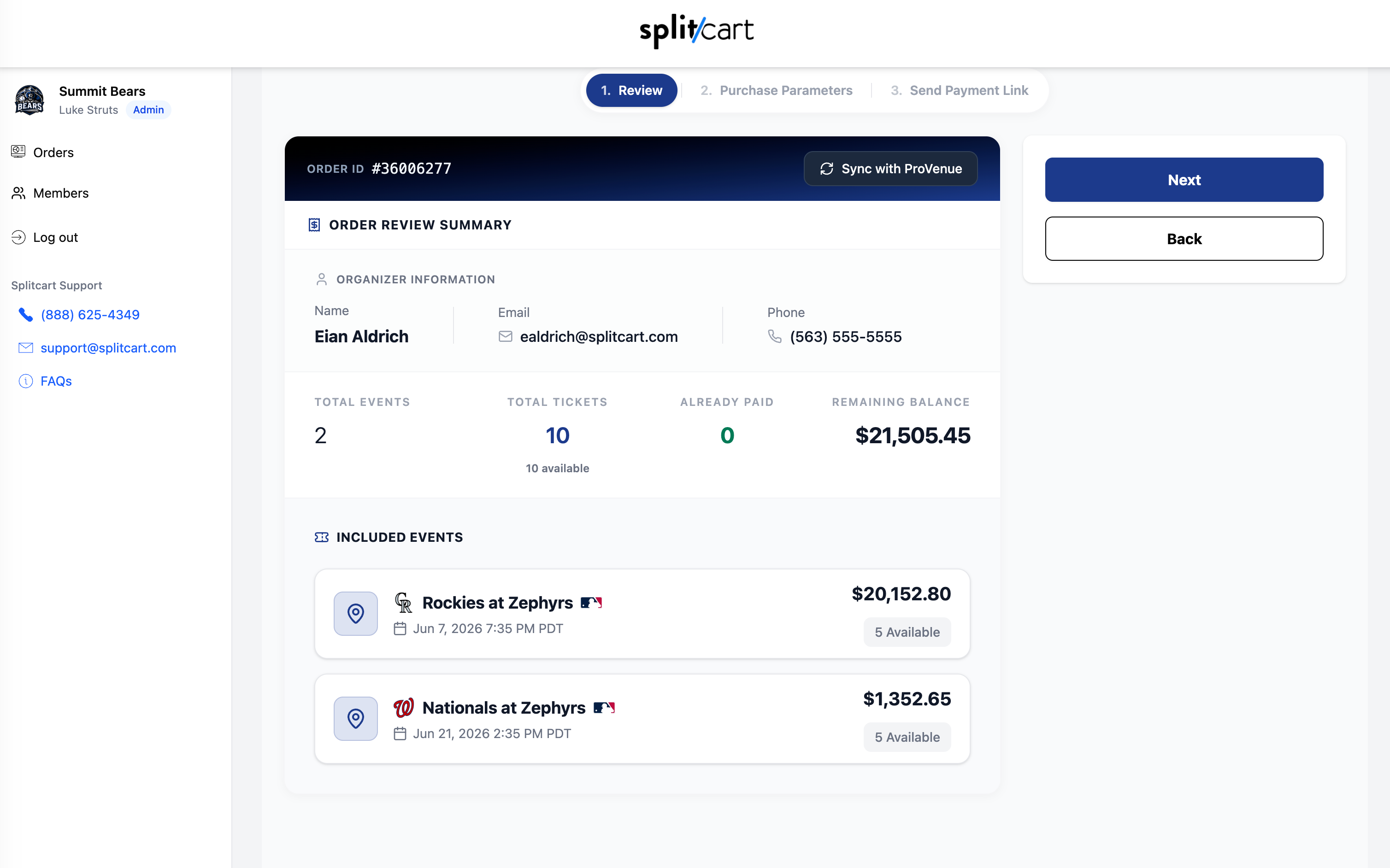 Splitcart rep dashboard with a live group order
