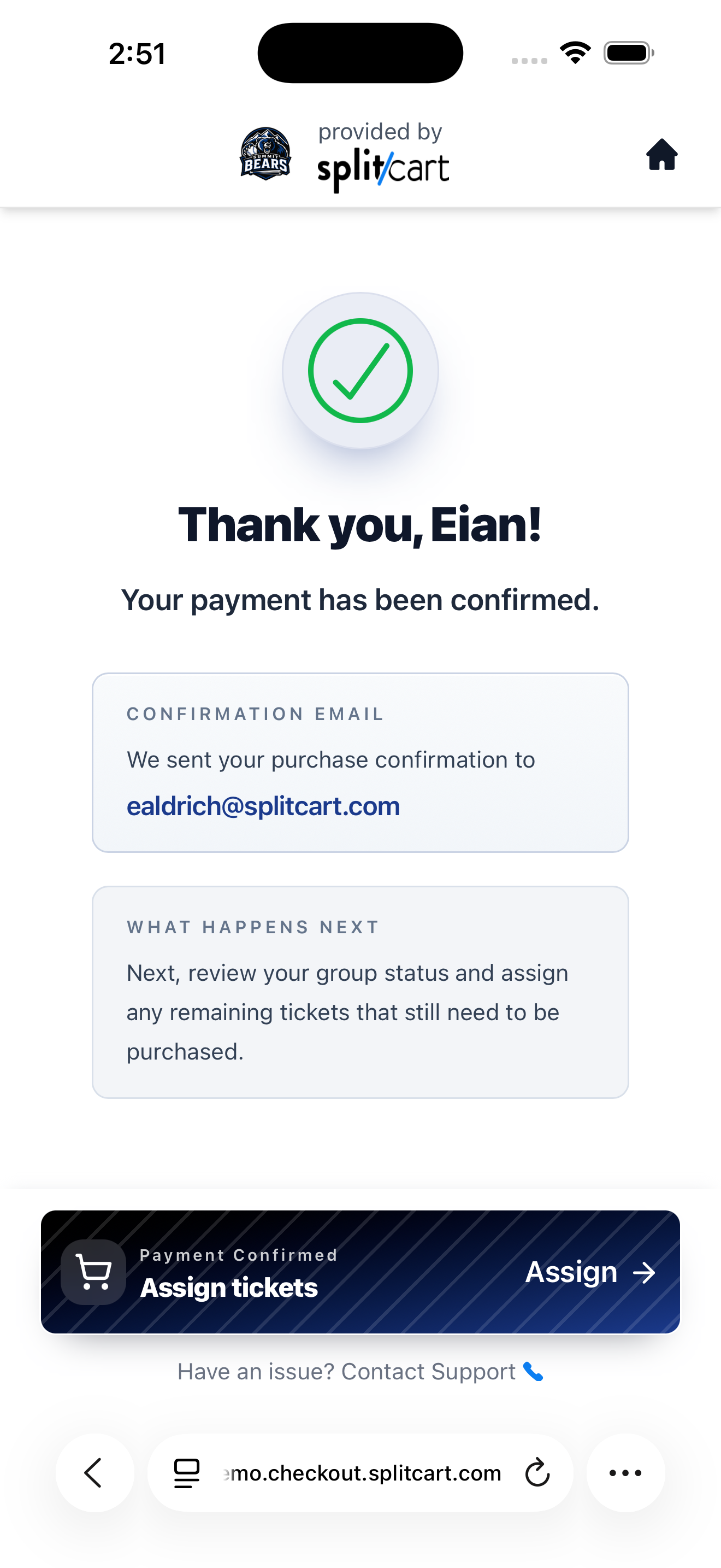 Tickets delivered confirmation on phone